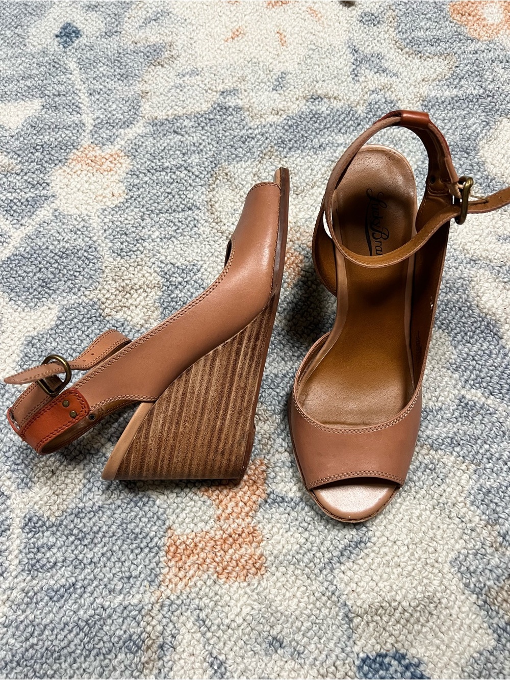Lucky Brand Brown Leather Wedge Sandals with Ankle Strap